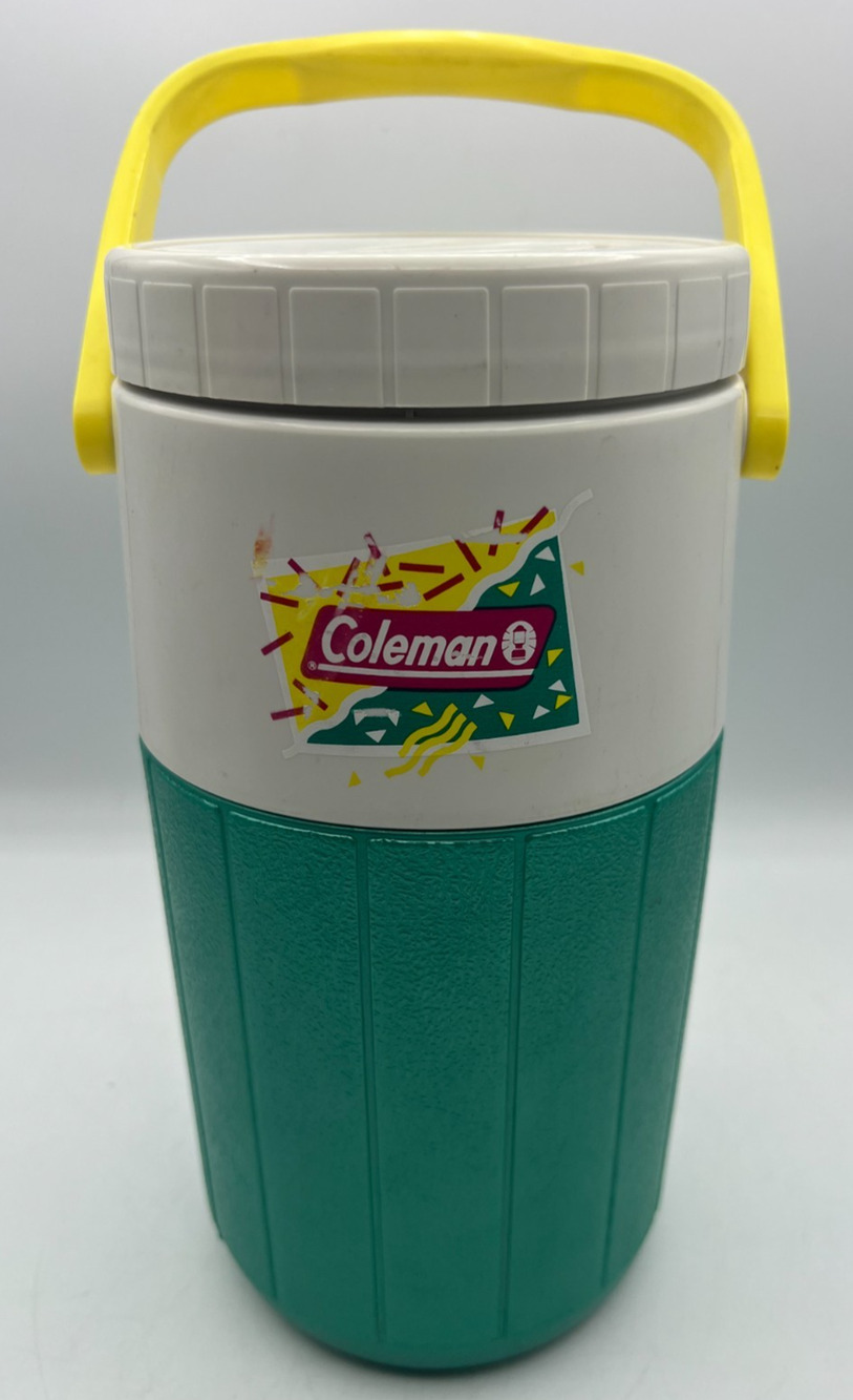 Vintage Coleman 1/2 Gallon Water Jug Cooler Teal Yellow Handle USA Camping